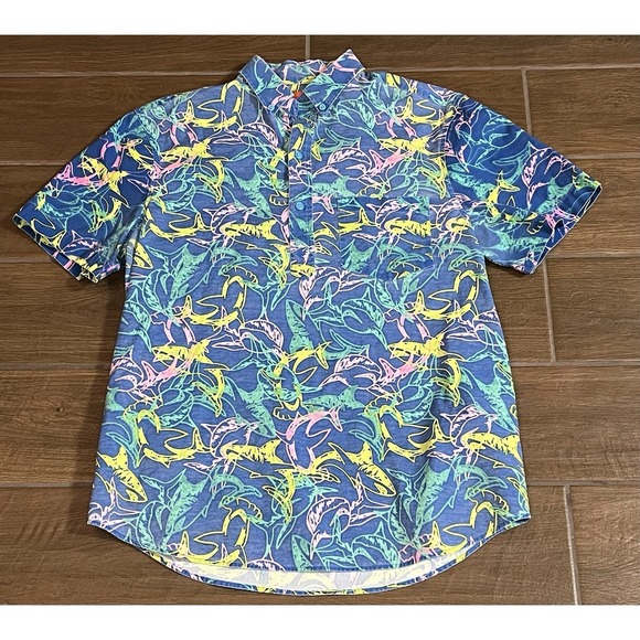 chubbies Other - Chubbies Men's Shirt M 1/4 Button Shark Print Beach Surf Stretch Short Sleeve
